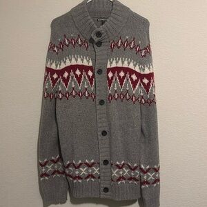 EXPRESS CARDIGAN SWEATER IN GREY (RED & WHITE PATTERNS)